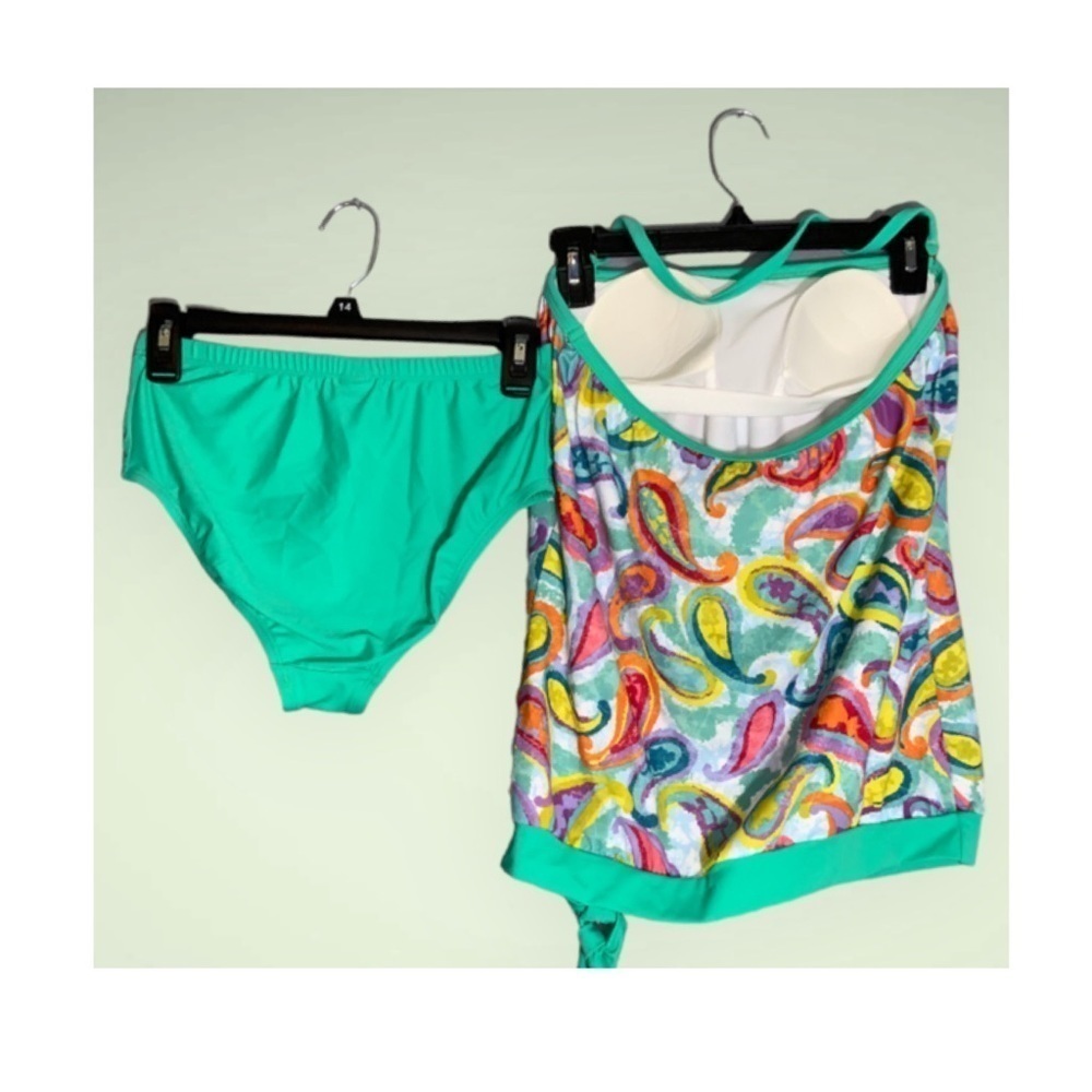 Dippin Daisy Teal Multicolor Paisley Tankini Bandeau & High Waist Bottoms Size 8 - Picture 3 of 10